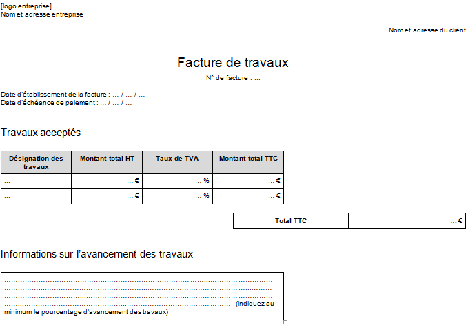 Modèle de facture de travaux