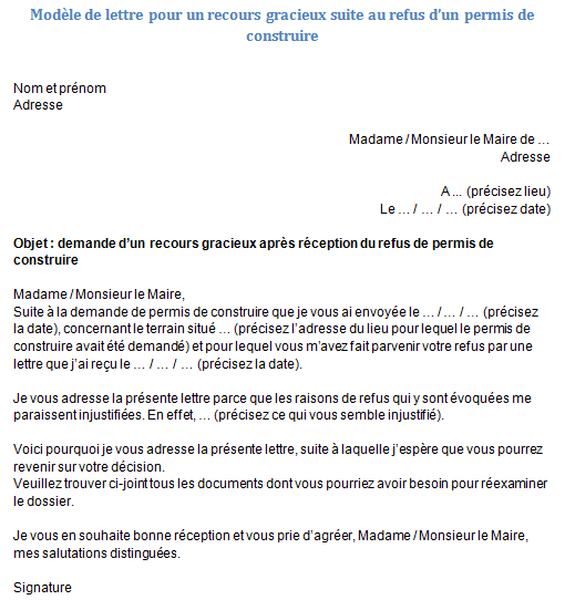 Modèle de recours gracieux suite au refus d'un permis de construire