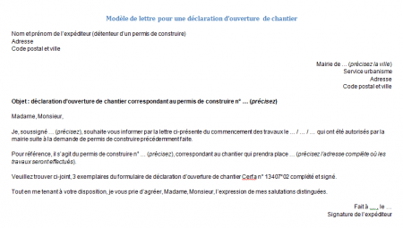 Modèle de lettre de déclaration d'ouverture de chantier