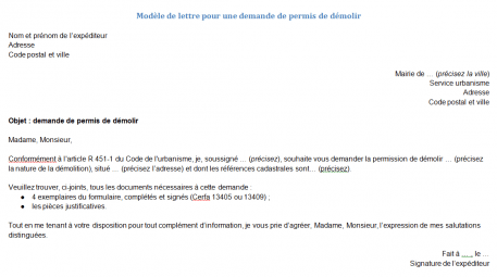 Lettre de demande de permis de démolir