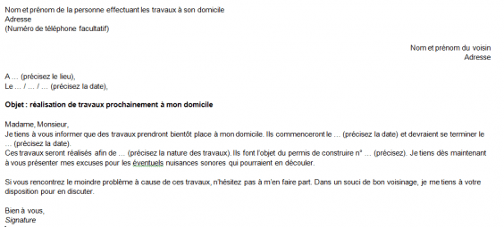 Modèle de lettre d'information des voisins pour travaux